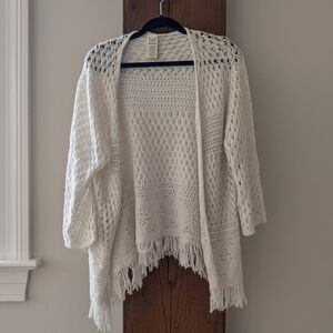 Faded Glory Women's Ivory Knit Poncho with Fringe stylish open-front Boho 2X